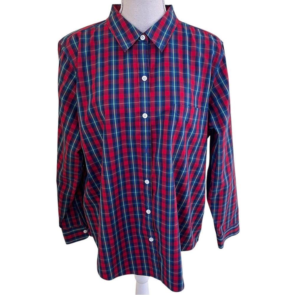 L. L. Bean Red/Blue Plaid No Iron Cotton Button Down Shirt XL